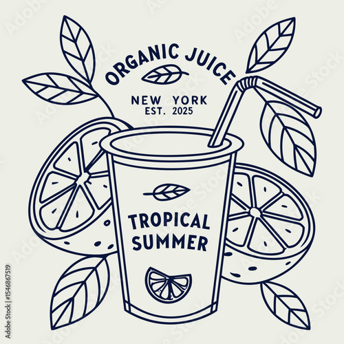Vintage Style Line Art Illustration of Disposable Cup of Tropical Summer Organic Juice from New York Established 2025
