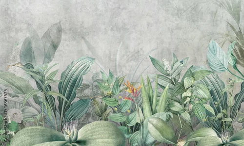 Fototapeta Mural Wallpaper. Tropical Flower Bushes Wallpaper Mural. Vintage Tropical Background	