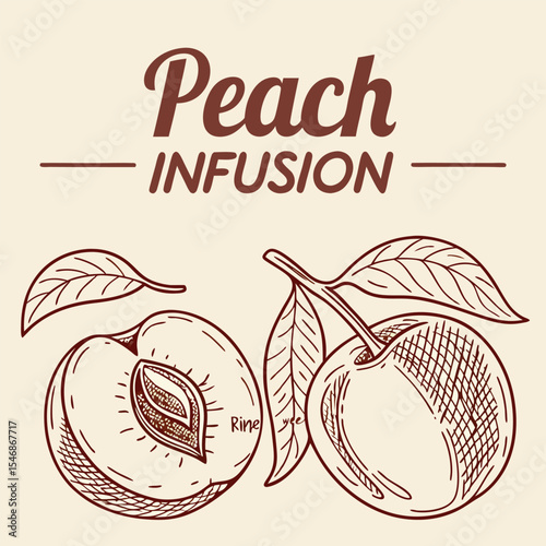 Vintage Style Peach Infusion Illustration Brown Peaches Leaves Beige Background Hand Drawn Sketch Detailed Drawing