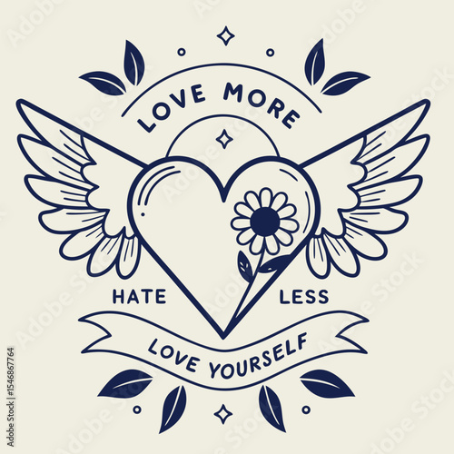 Vintage Style Graphic Print Featuring a Central Heart with Wings Flower and Love Yourself Message in Navy Blue on