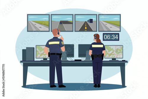 Police dispatch center with two officers flat vector illustration isolated on transparent background
