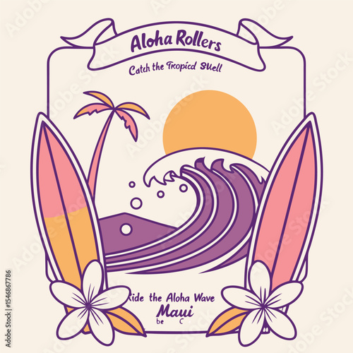 Aloha Rollers Surf Club Graphic Design Vintage Style Illustration Featuring Purple Wave Palm Tree Surfboards and