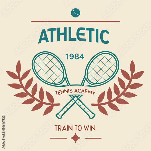 Vintage Style Teal and Red Tennis Academy Athletic Logo Design with Crossed Rackets and Laurel Wreath 1984 Train to Win