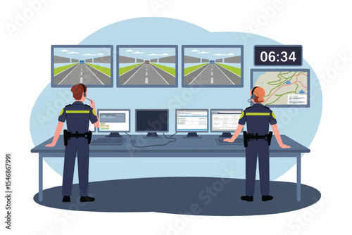 Police dispatch center flat vector illustration isolated on transparent background