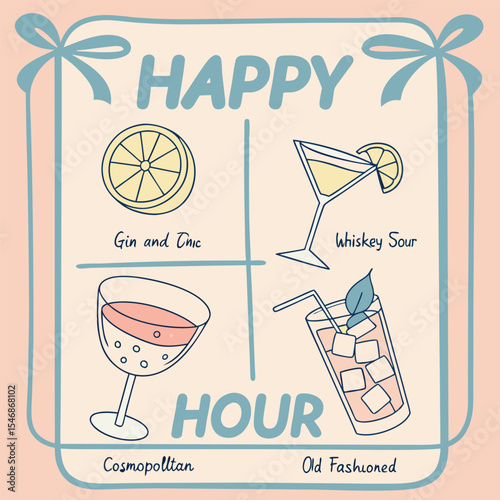Stylized Happy Hour Menu Illustration Featuring Gin and Tonic Whiskey Sour Cosmopolitan and Old Fashioned Cocktails