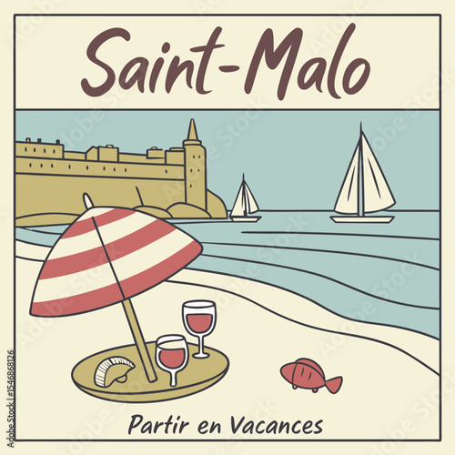 Saint Malo Vintage Travel Poster Style Illustration Red Striped Beach Umbrella Two Glasses Wine Tray Sandy Beach