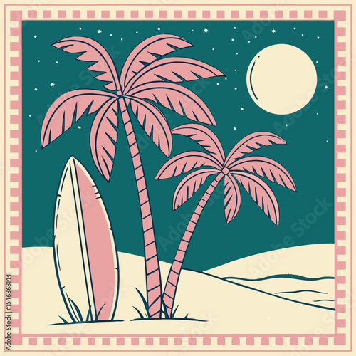 Retro Styled Illustration Two Pink Palm Trees Night Scene Beach Surfboard Teal Background Beige Sand