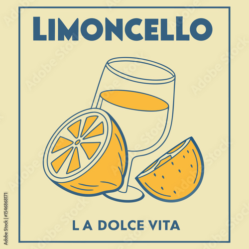 Retro Style Limoncello Poster Design Featuring Yellow Lemon Slices and Glass of Limoncello Against a Pale Yellow