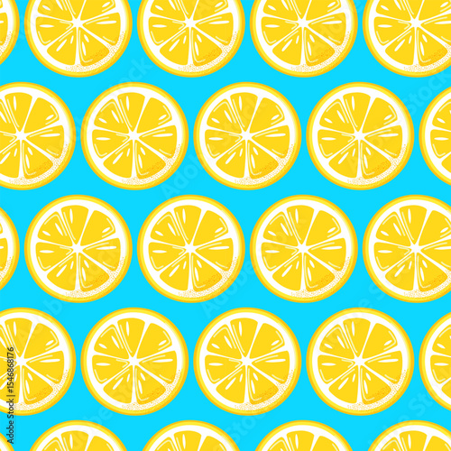 Lemon round slices seamless pattern on blue background. Fun and fresh design for summer themes, packaging, textiles, and kitchen decor. Vector illustration