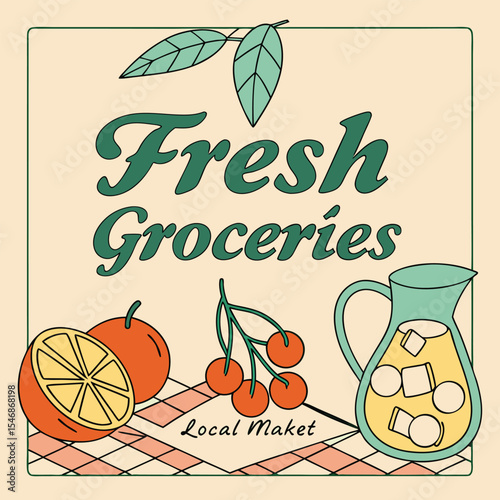Retro Style Illustration Fresh Groceries Local Market Orange Slices Cherries Pitcher Iced Tea Peach Beige Background