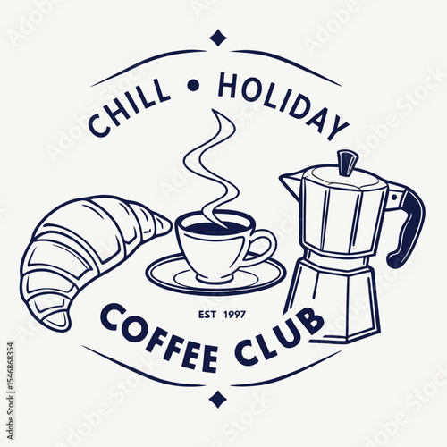 Chill Holiday Co Coffee Club Logo Design Navy Blue Croissant Coffee Cup Moka Pot Steam Vintage Style Emblem 1997