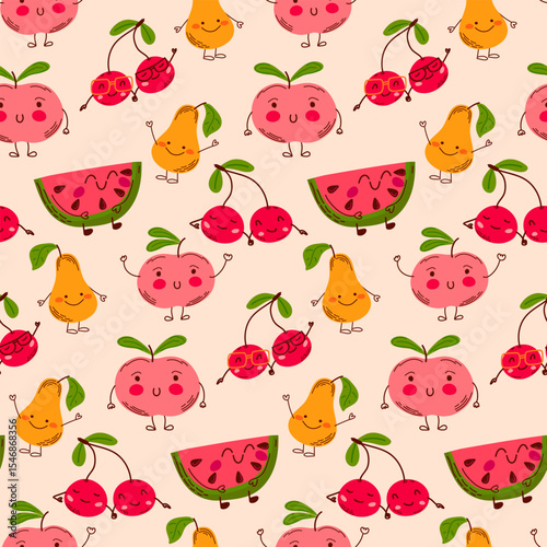 Cute seamless pattern with smiling cartoon fruits. Cherries, pears, peaches, and watermelon in bright colors. Perfect for kids products, textiles, and packaging design. Vector illustration
