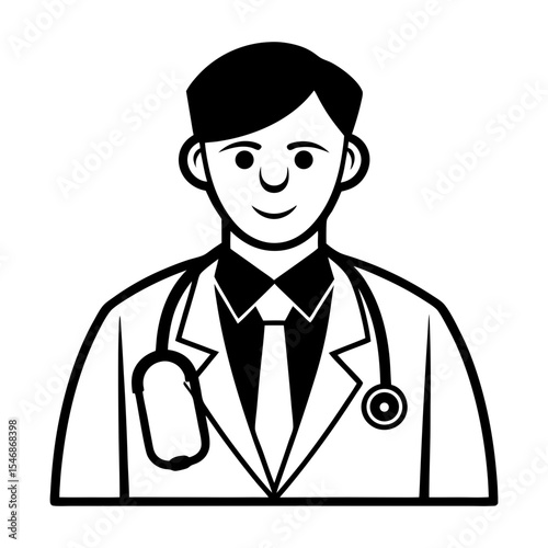 Smiling doctor character icon. Friendly male doctor illustration with coat and stethoscope.