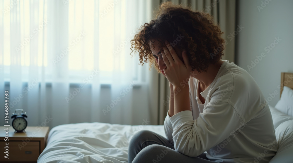 a sad woman sitting on her bed a sad woman sitting on her bed