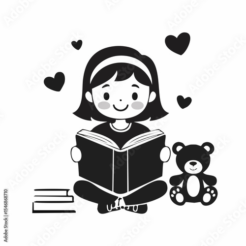 Child Reading a Book at Home with a Teddy Bear image vector isolated on white background.