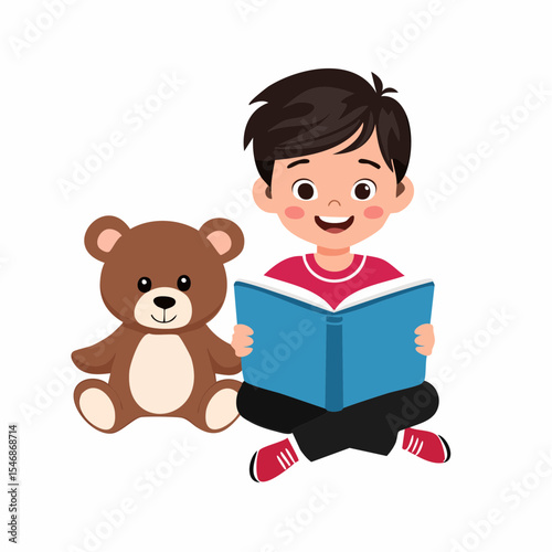 Child Reading a Book at Home with a Teddy Bear image vector isolated on white background.