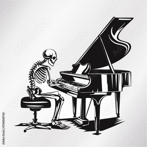 Energetic Skeleton Passionately Performing on a Grand Piano in a Lively Vector Illustration