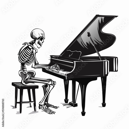 Energetic Skeleton Passionately Performing on a Grand Piano in a Lively Vector Illustration