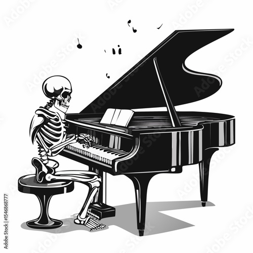 Energetic Skeleton Passionately Performing on a Grand Piano in a Lively Vector Illustration