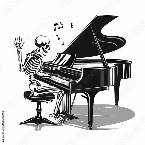 Energetic Skeleton Passionately Performing on a Grand Piano in a Lively Vector Illustration