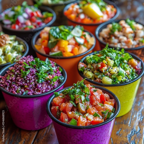 45 degree angle of upcycled food featuring French bouillabaisse, Lebanese tabbouleh in edible cups, 