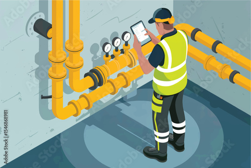 Gas technician inspecting pipeline with tablet isolated on transparent background
