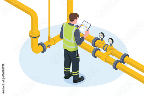 Isometric illustration of a gas worker inspecting pipes with a tablet isolated on transparent background