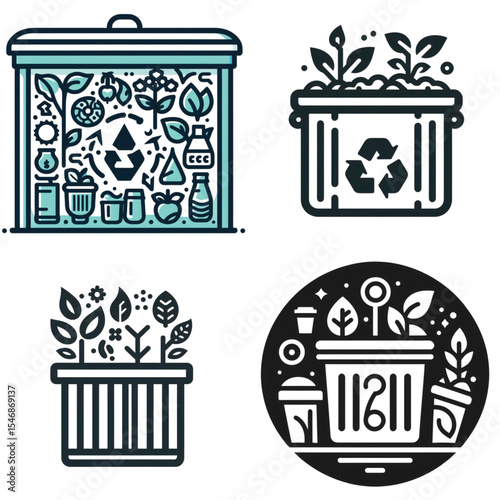 Recycling bin with plants and eco-friendly symbols in modern style  