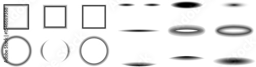 Various geometric shapes and gradients presented in a monochrome style with distinct outlines and shading effects.