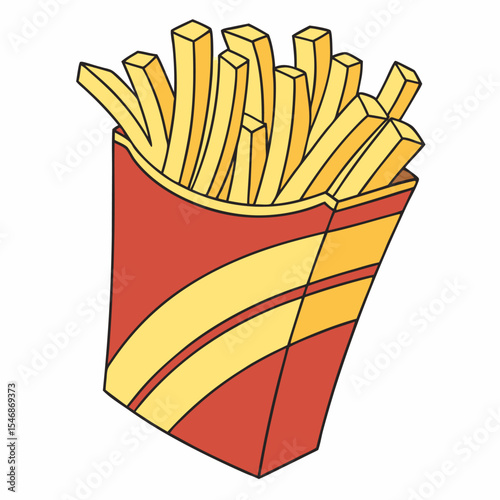 French fries with ketchup vector illustration: a delicious, isolated fast food snack in a red and yellow box
