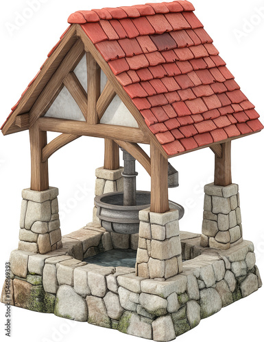 Stone Wishing Well with Red Tile Roof and Water Basin Isolated on White