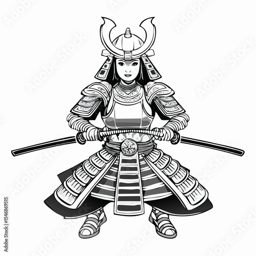 Female samurai warrior katana and armor Image vector isolated on white background.