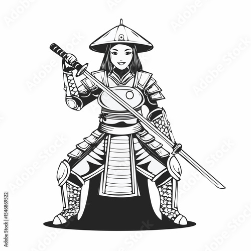 Female samurai warrior katana and armor Image vector isolated on white background.