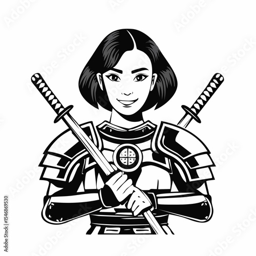Female samurai warrior katana and armor Image vector isolated on white background.