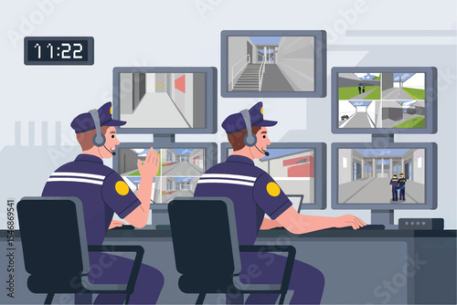 Security guards monitoring surveillance cameras in control room isolated on transparent background