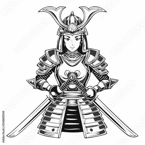 Female samurai warrior katana and armor Image vector isolated on white background.