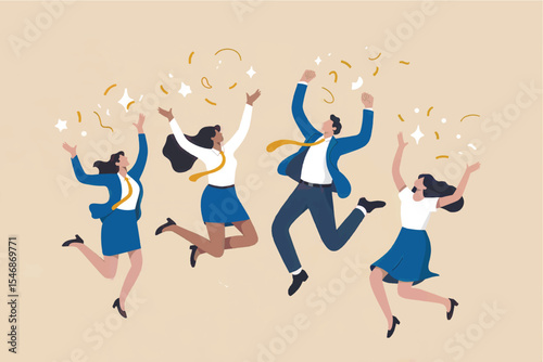 Joyful business team jumping with confetti flat vector illustration isolated on transparent background