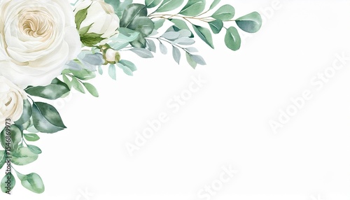 corner border of watercolor white flowers featuring a creamy peony ivory rose sage green leaves and eucalyptus hand painted art for wedding invites or backgrounds