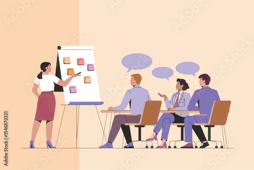 Business team brainstorming session flat vector illustration isolated on transparent background