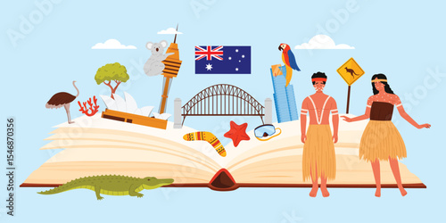 Culture elements and famous architecture for Australia study. Open big book and collage of Australian sightseeing places for tourists, tribal people and wild animals cartoon vector illustration