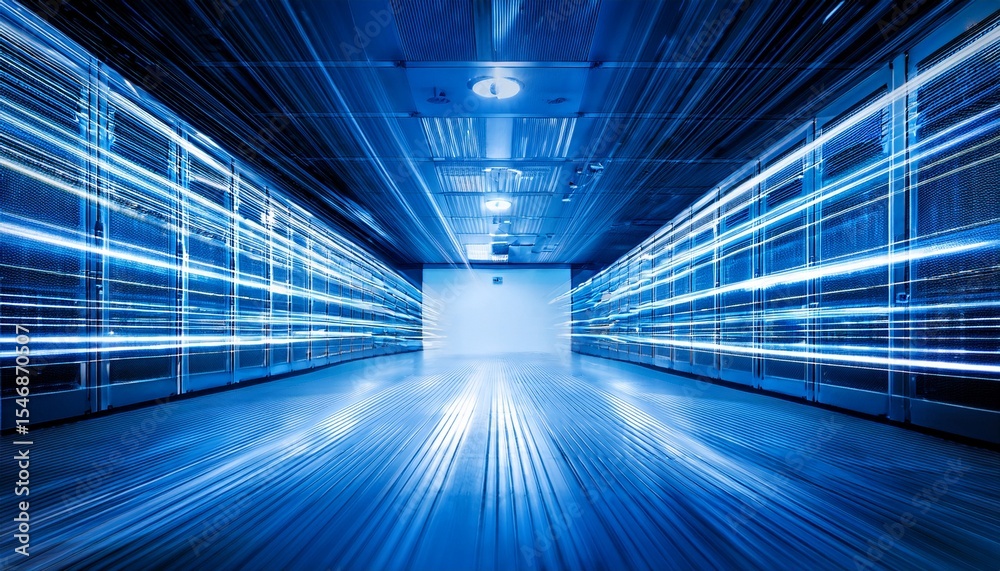 Fototapeta premium blue lit data center corridor with motion blur light trails