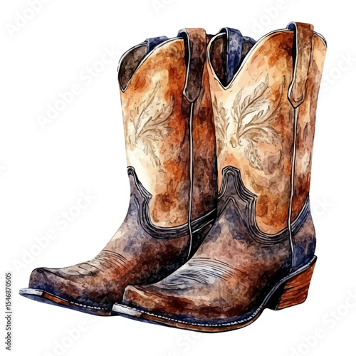 Cowboy Boots, watercolor painting vector, isolated on a white background.