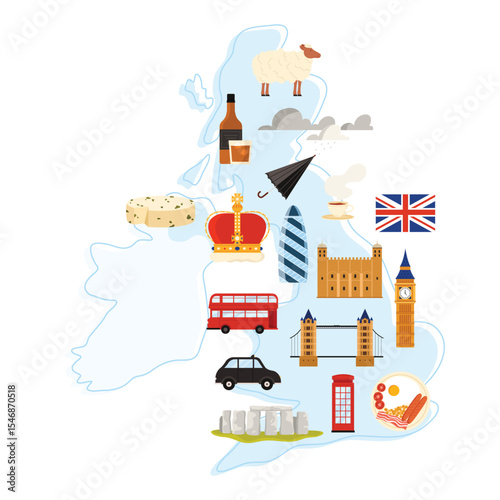 Welcome to Great Britain Kingdom and London infographic banner. Poster design with culture elements, city landmarks and architecture, British food and sheep on isles map cartoon vector illustration