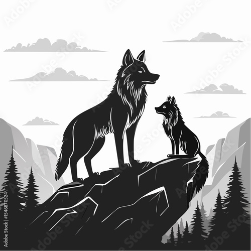Two Wolves Standing Proudly on a Rocky Hilltop in a Majestic Wilderness Landscape