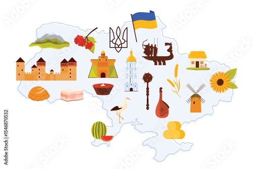 Travel to Ukraine infographic poster with culture elements, food and famous landmarks on country map. Carpathian Mountains and fortress, watermelon and sunflower, borsch cartoon vector illustration