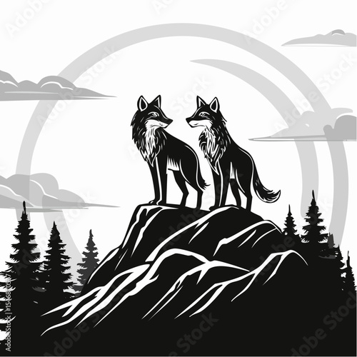 Two Wolves Standing Proudly on a Rocky Hilltop in a Majestic Wilderness Landscape