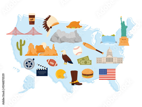Travel to USA, infographic poster design with culture elements, architecture and nature landmarks on map. Nature and food, famous buildings of United States of America cartoon vector illustration