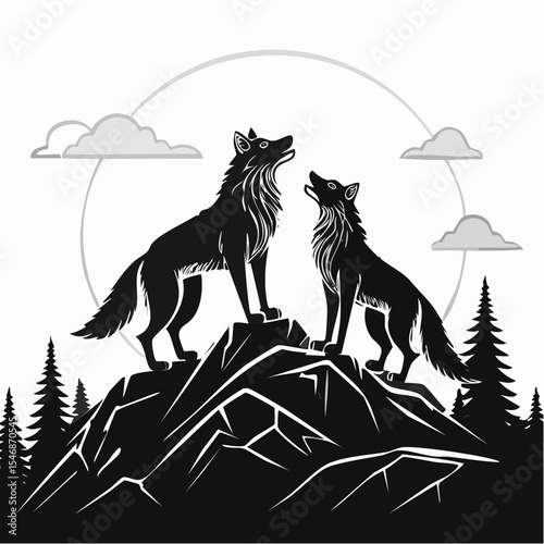 Two Wolves Standing Proudly on a Rocky Hilltop in a Majestic Wilderness Landscape
