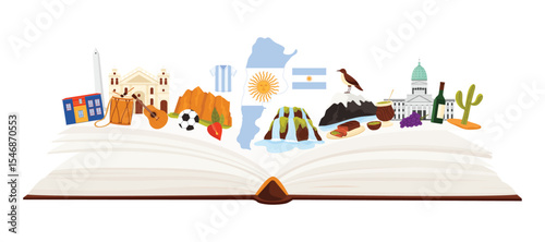 Argentina culture elements, language and landmarks study in infographic collage poster with open guide paper book for tourism, nature and monuments, musical instruments cartoon vector illustration