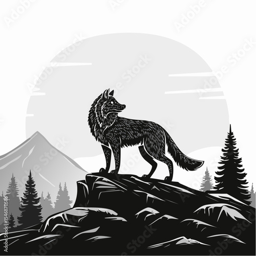 Two Wolves Standing Proudly on a Rocky Hilltop in a Majestic Wilderness Landscape